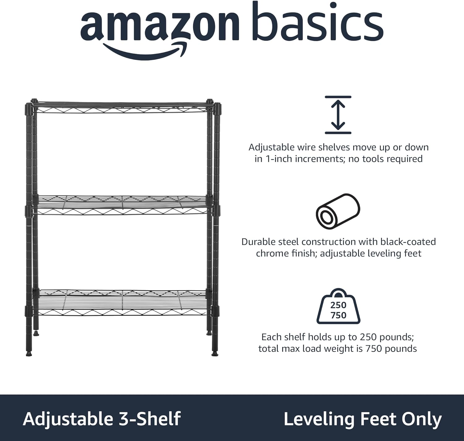Amazon Basics 4-Shelf Steel Wire Storage Rack, Adjustable, Sturdy, Easy Assembly, 13.4 D x 23.2 W x 48 H in, Black