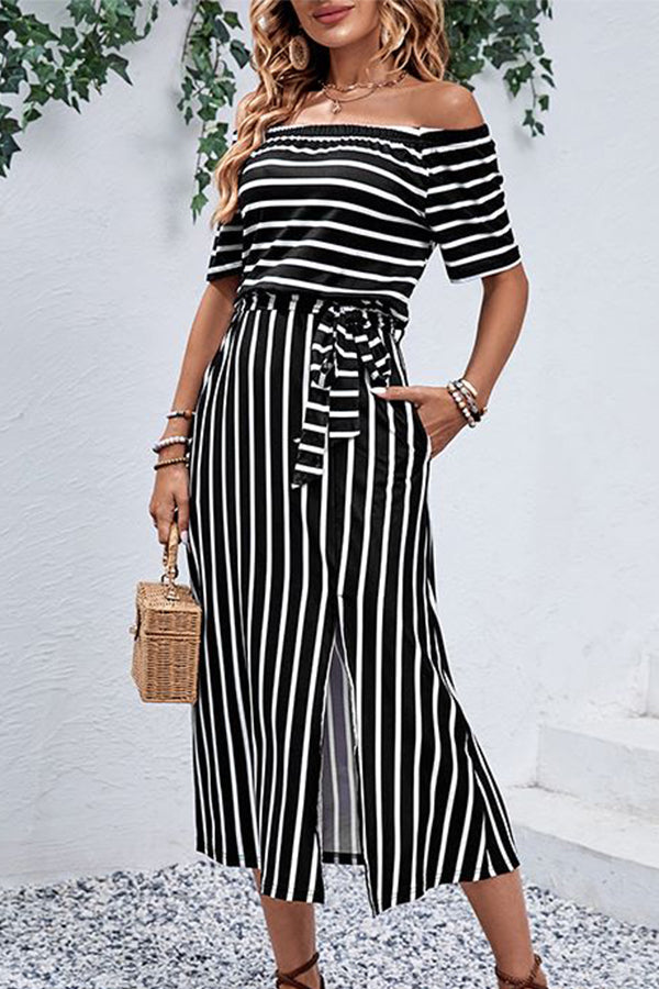 Stripe Print Off The Shoulder Split Side Dress