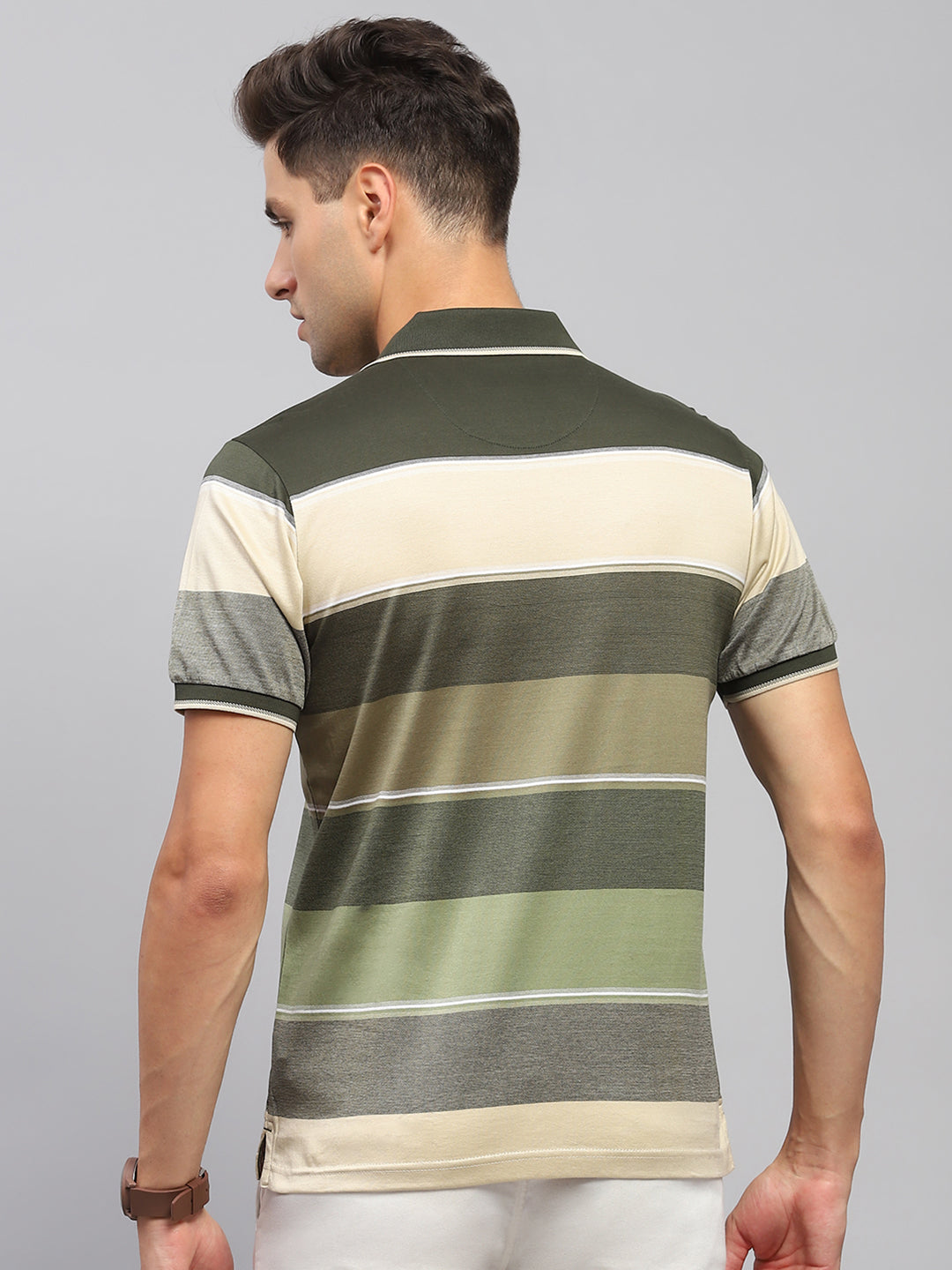 Men Olive Stripe Collar Half Sleeve T-Shirt