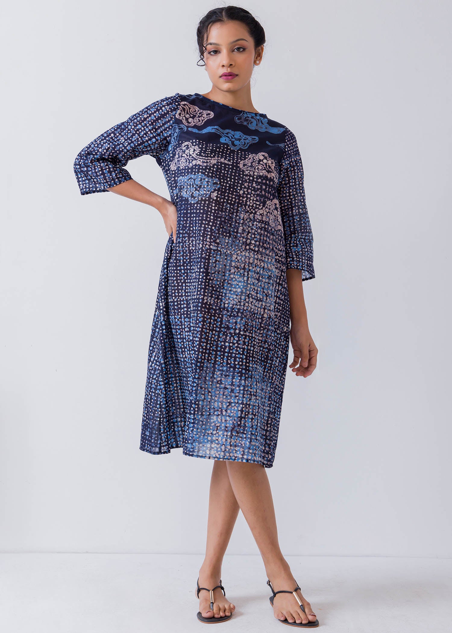 White And Blue Cloud Printed Batik Casual Dress