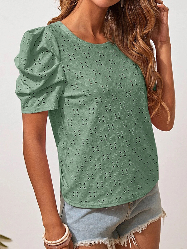 Loose Short Sleeves Hollow Pleated Solid Color Round-Neck T-Shirts Tops