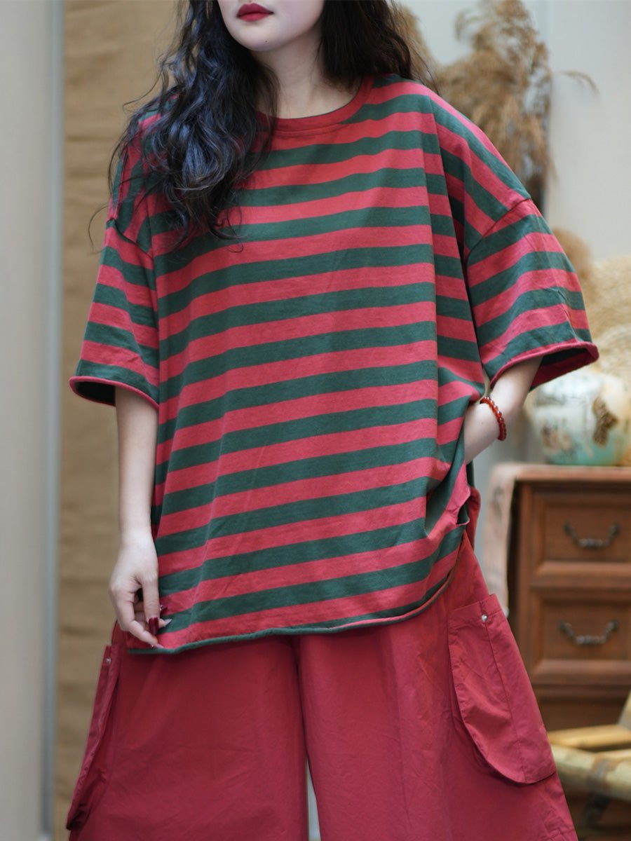 Women Summer Casual Stripe Cotton O-Neck Shirt