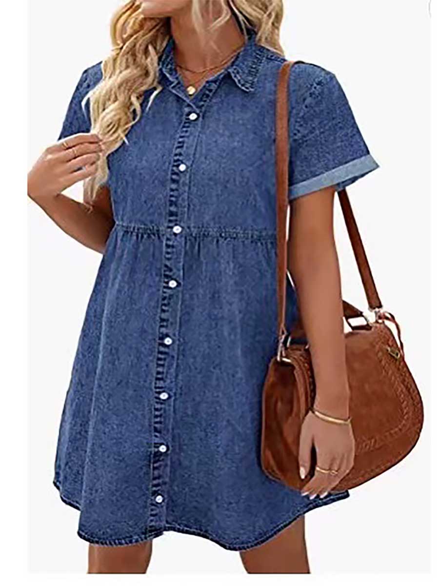 Washed Denim Lapel Loose Sweetheart Ruffle Dress