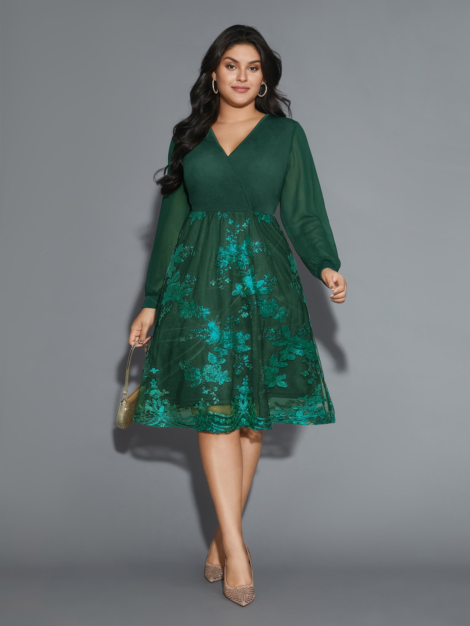 Sequin Overlap Collar Sheer Sleeve Lined Dress