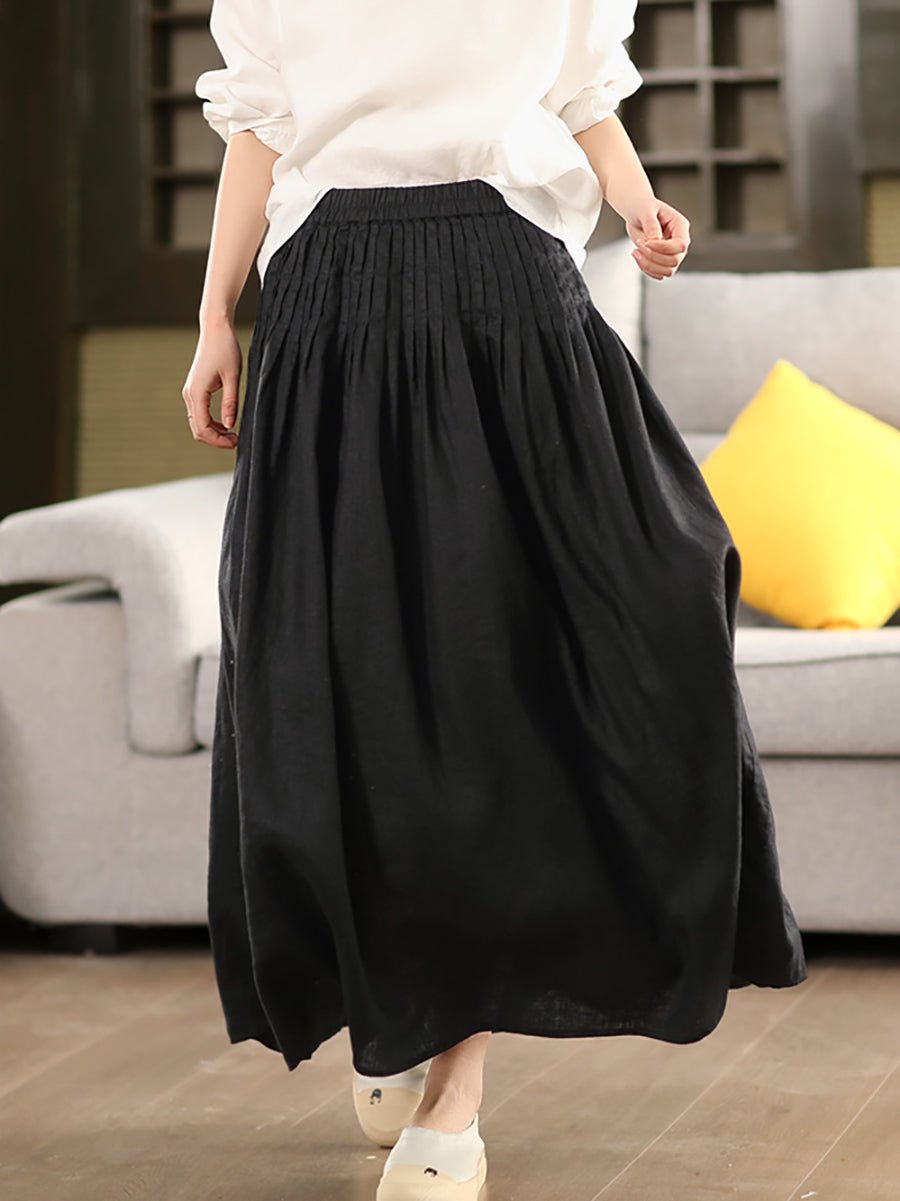 Women Summer Pure Color Shirred 100%Linen Skirt