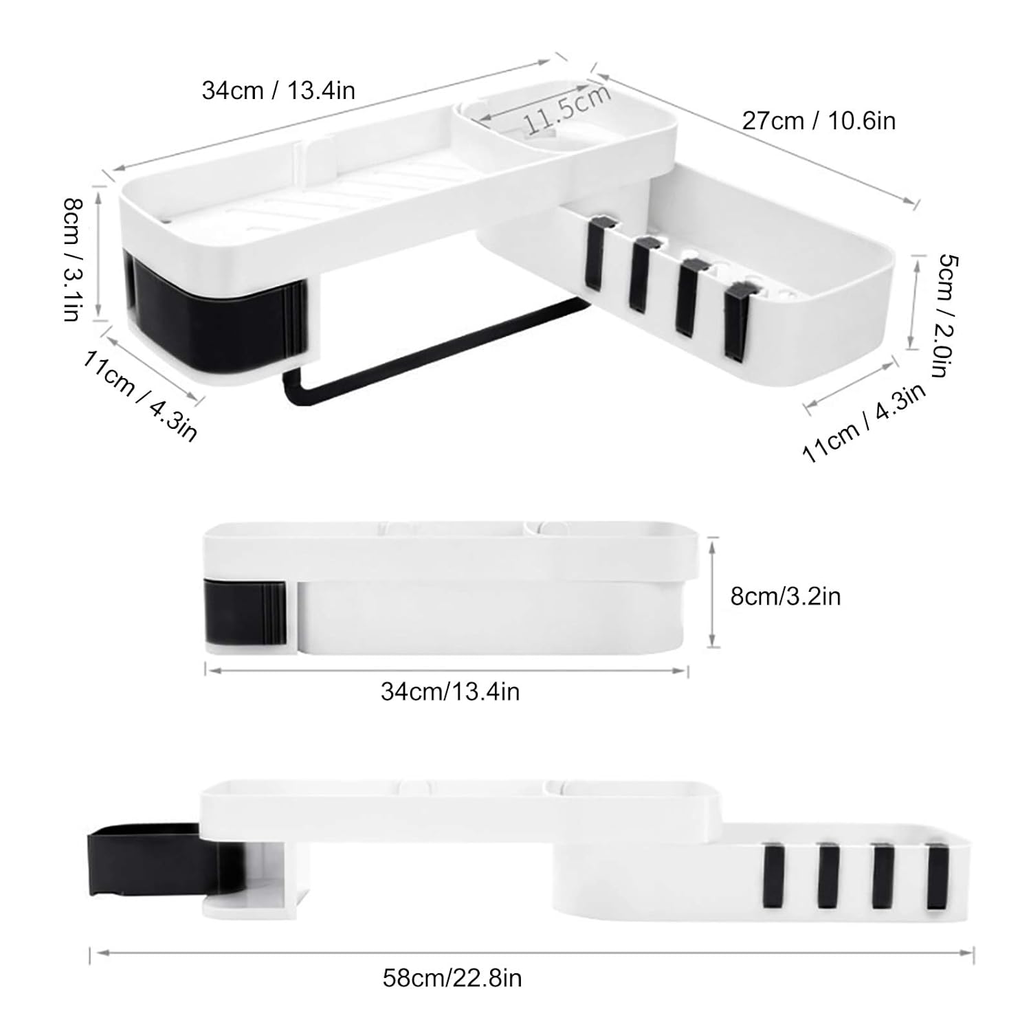 Shower Shelf. ABS Bathroom Shelf. No Drilling For Bathroom Kitchen (White Black)