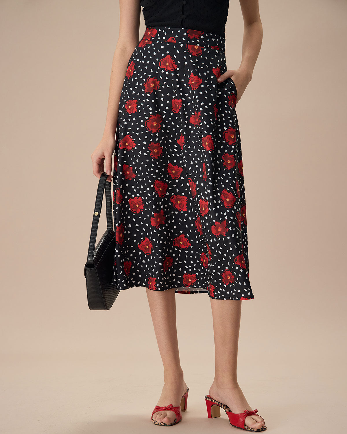 The Black High-Waisted Floral Pocket Midi Skirt