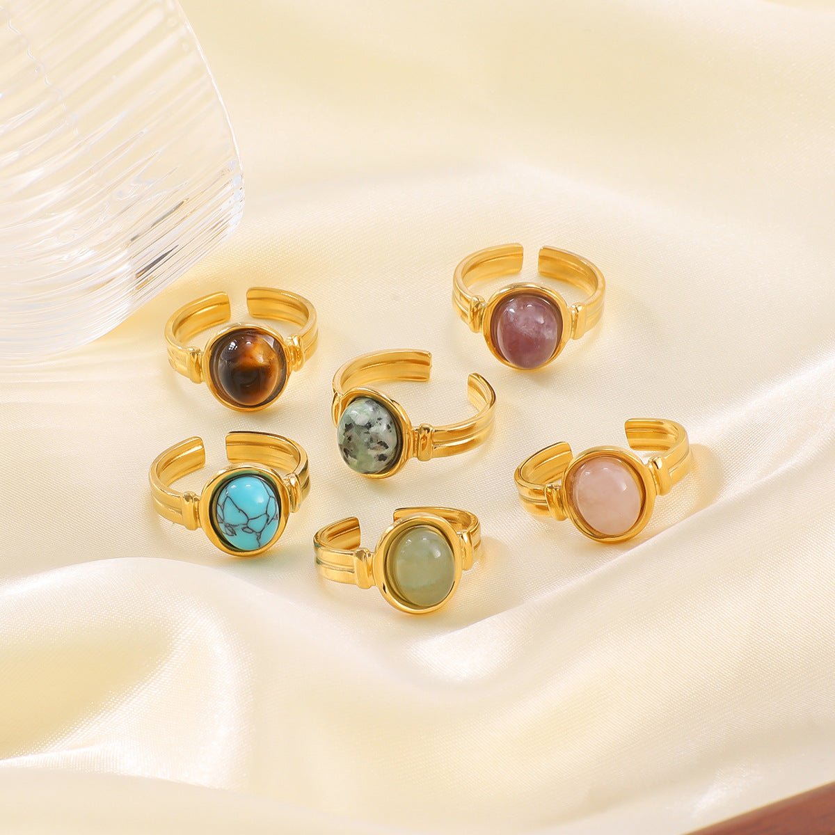 Natural Stone Ring Retro Niche Personality Open Stainless Steel Ring