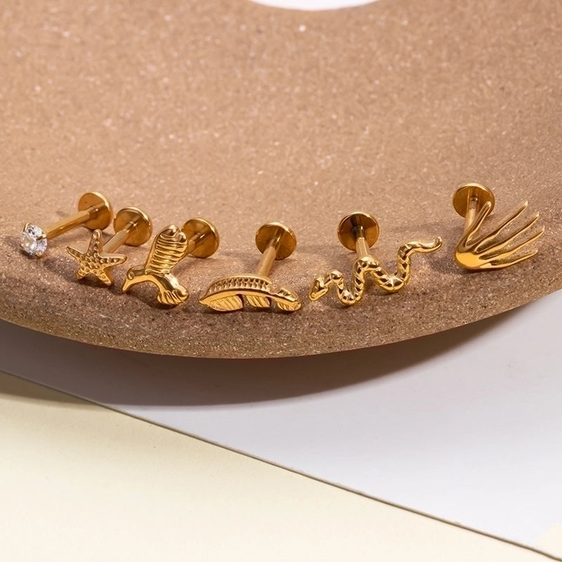 1 Piece Ear Cartilage Rings & Studs IG Style Vintage Style Palm Feather Snake Pure Titanium Plating Inlay Zircon
