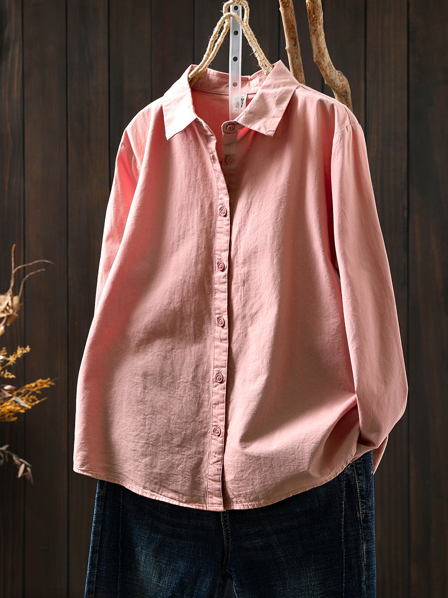 Women Summer Pure Color Turn-down Collar 100%Cotton Shirt