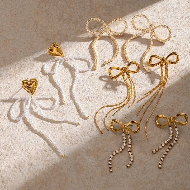 1 Pair IG Style Vacation Minimalist Tassel Bow Knot Inlay 304 Stainless Steel Rhinestones 18K Gold Plated Drop Earrings