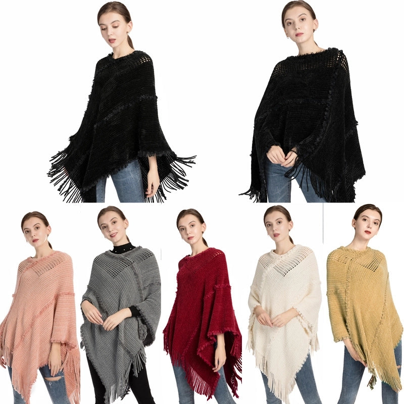 Tassel Knitted Shawl Women Autumn And Winter New Chenille Cashmere Pullover Cape Spot