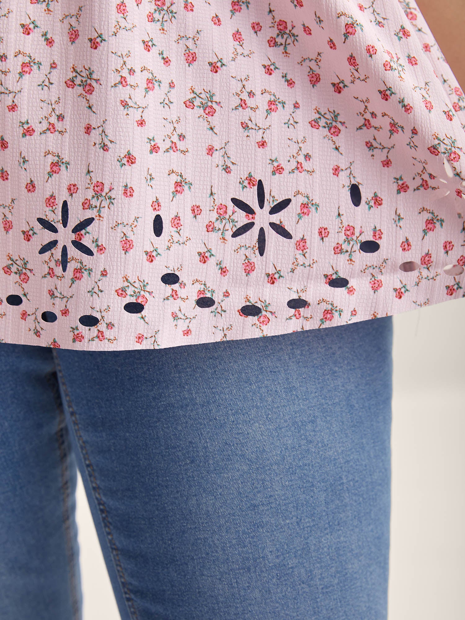 Shirred Laser Cut Hem Floral Blouse