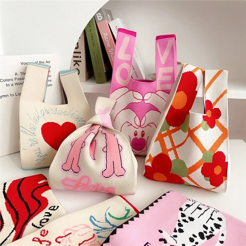 Women's Small Knit Animal Heart Shape Flower Cute Open Shopping Bags