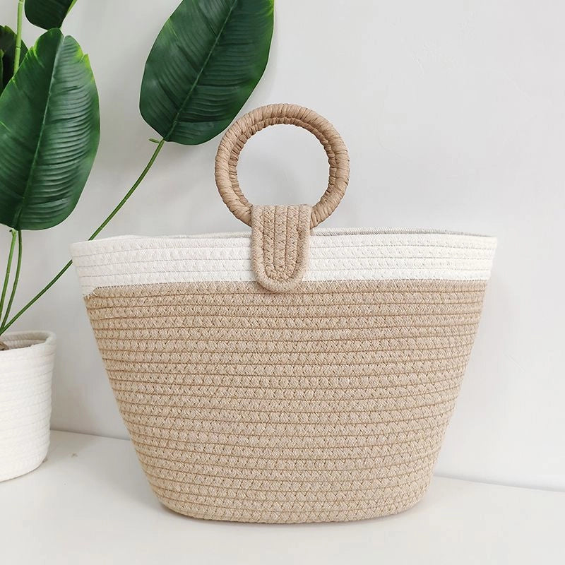 3 Pieces Women's Large Cotton Solid Color Vacation Weave Bucket Open Handbag