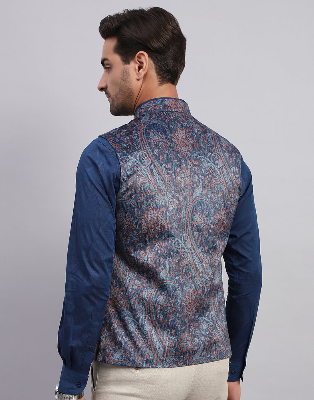 Men Multicolor Floral Print Band Collar Sleeveless Nehru Jacket