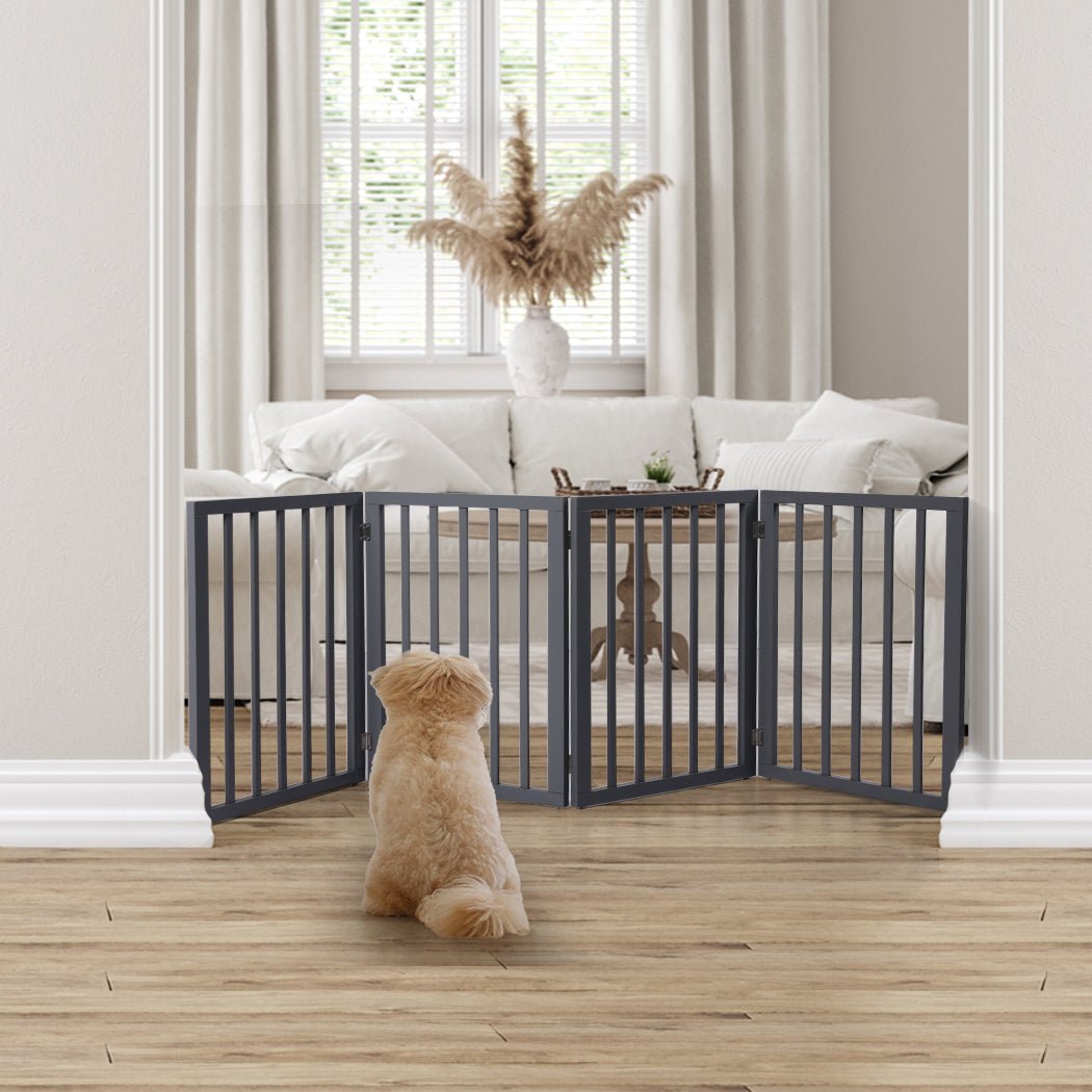 Wooden Retractable Pet Gate Dog Fence Barrier 4 Panel Grey