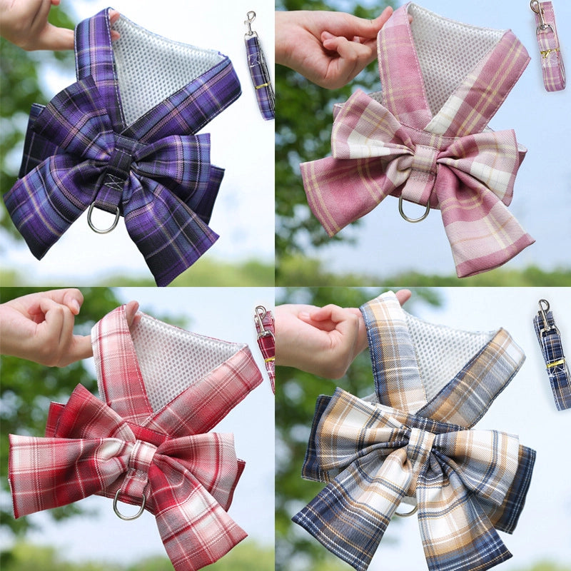 Pet Dog Cat JK Plaid Vest Leash Teddy Clothes Than Bear Skirt Chest Strap Dog Rope Supplies