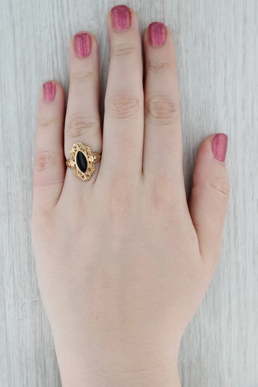 Onyx Navette Cabochon Filigree Ring 10k Yellow Gold Size 7.25