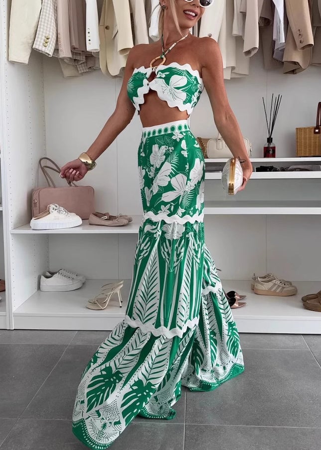 Sexy Green Patchwork Lingerie Top And Maxi A Line Skirts Two Pieces Set Sleeveless