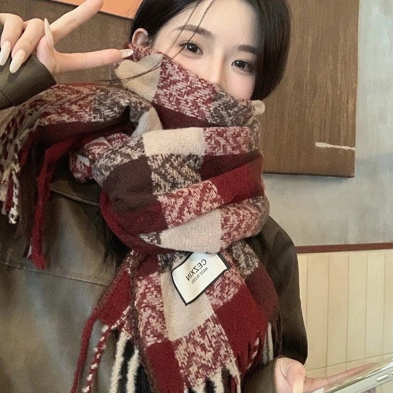 Women's Retro Lattice Imitation Cashmere Tassel Scarf