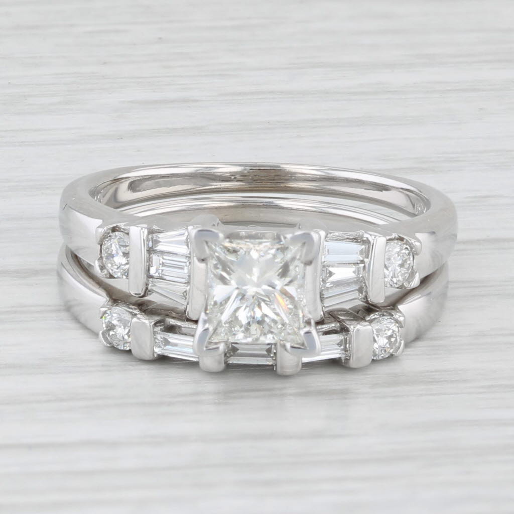 1.07ctw Diamond Princess Cut 14k White Gold Bridal Set Engagement Ring Size 7.25