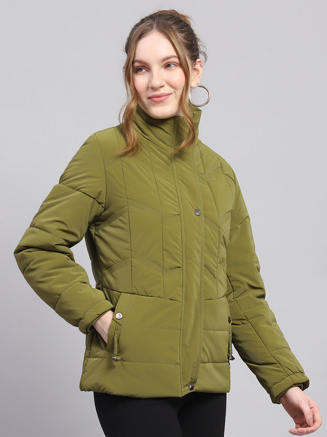 Women Green Solid High Neck Full Sleeve Jacket