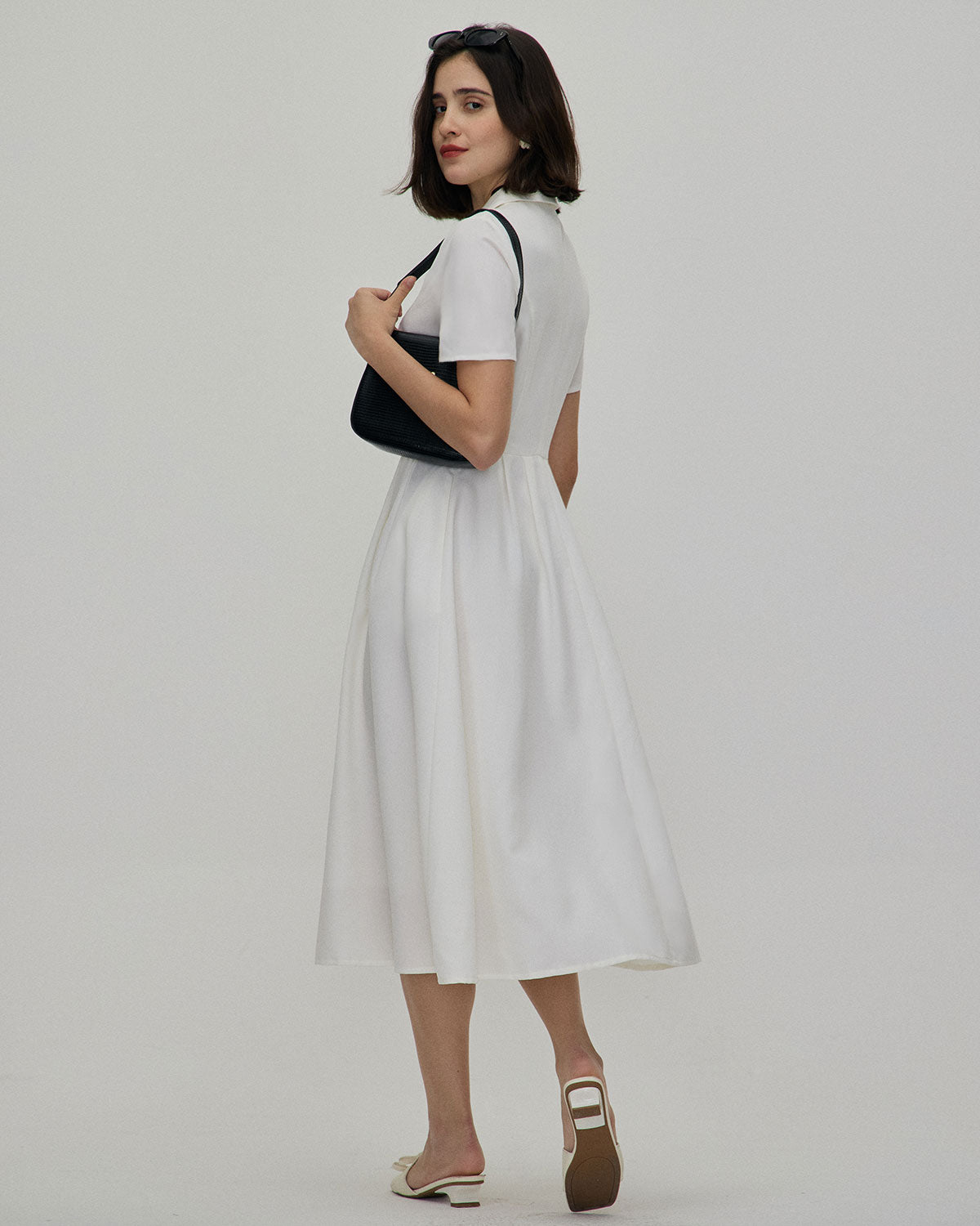 The White Lapel Short Sleeve Button-up Midi Dress