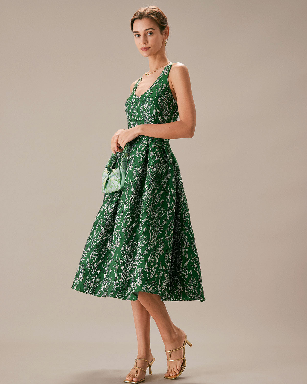 The Green V Neck Floral Pleated Midi Dress