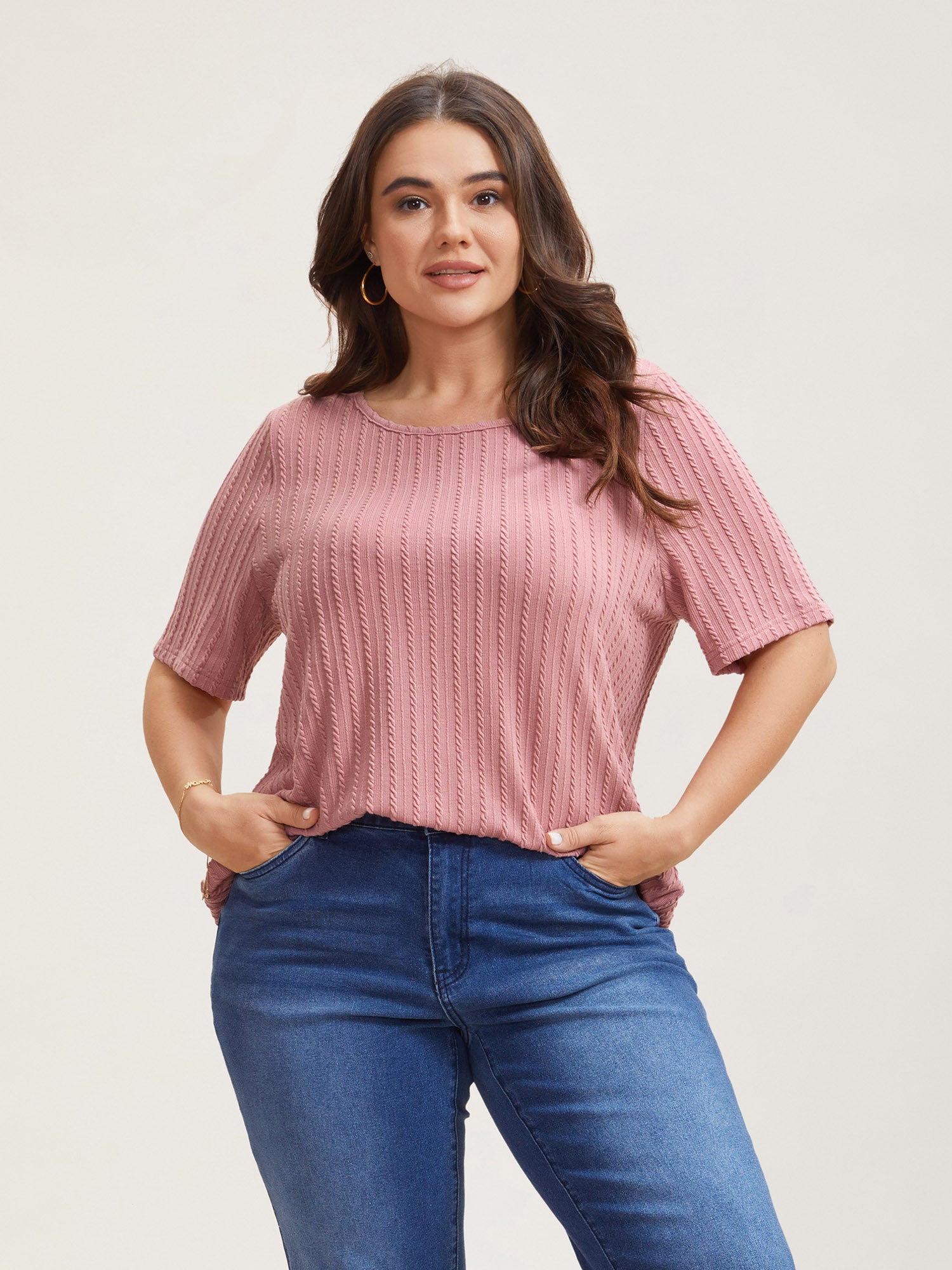 Cable Knit Textured Round Neck T-Shirt