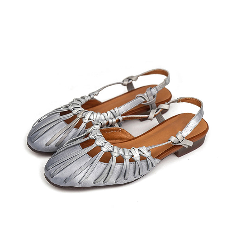 Fashion Closed Toe Slingback Roman Sandals Genuine Leather Cut-Out Woven Summer Flats in Grey/Apricot