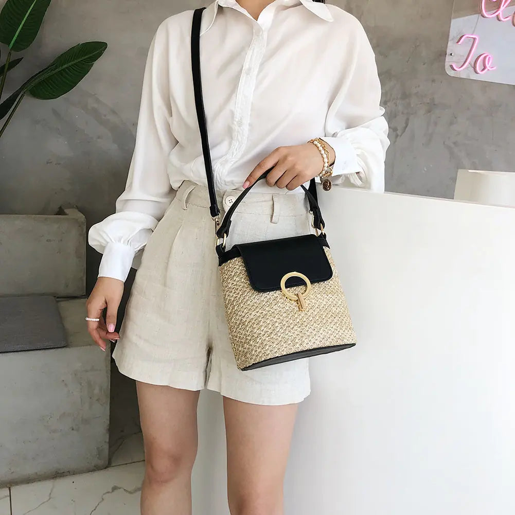 Small Straw Bucket Crossbody Bag