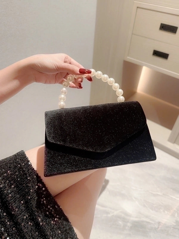White Black Polyester Solid Color Beading Evening Bags