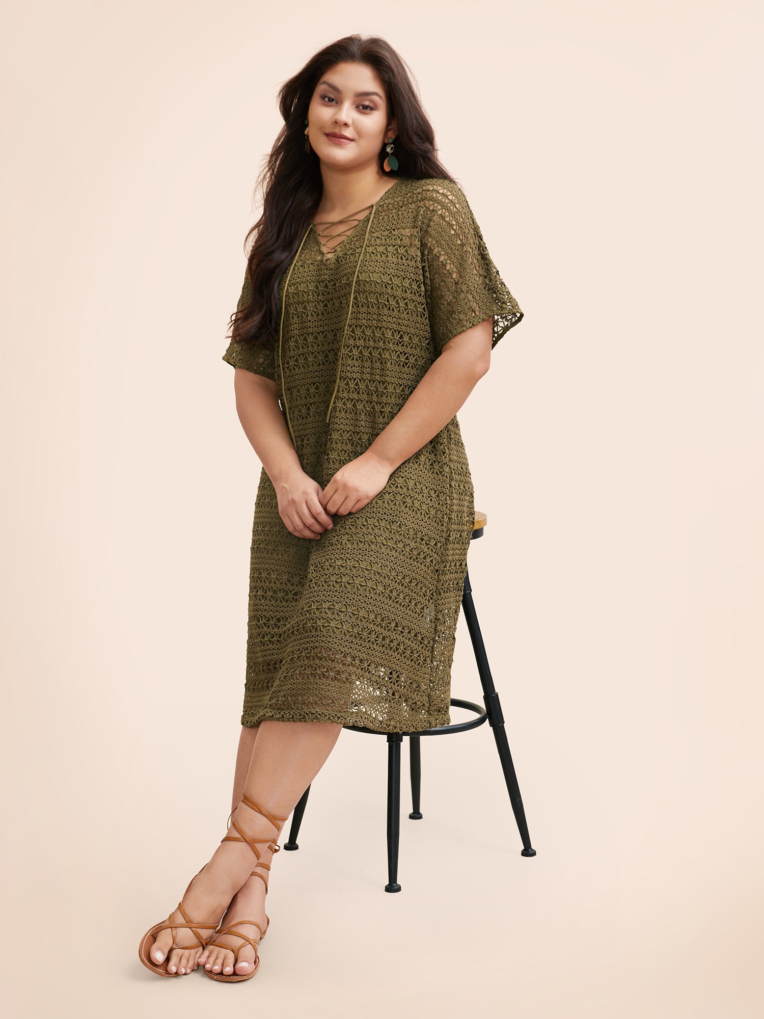 Crocheted Lace Up Dolman Sleeve Tiered Dress