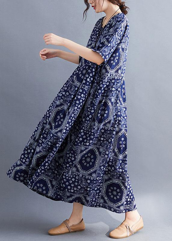 French Navy Exra Large Hem Print Dresses Cotton Linen Summer