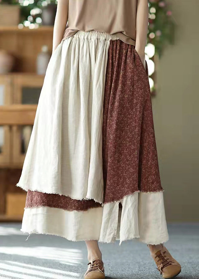 Vintage asymmetrical design elastic waist layered design Pockets Linen Skirt Summer