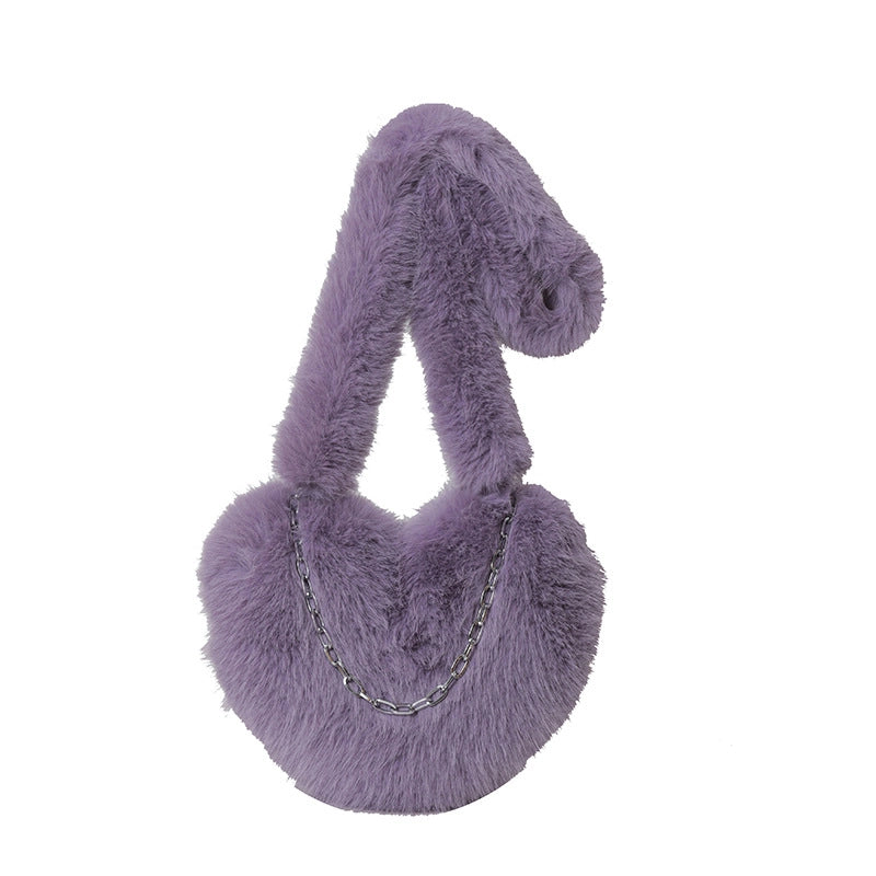 Women's Plush Solid Color Cute Heart-shaped Zipper Crossbody Bag