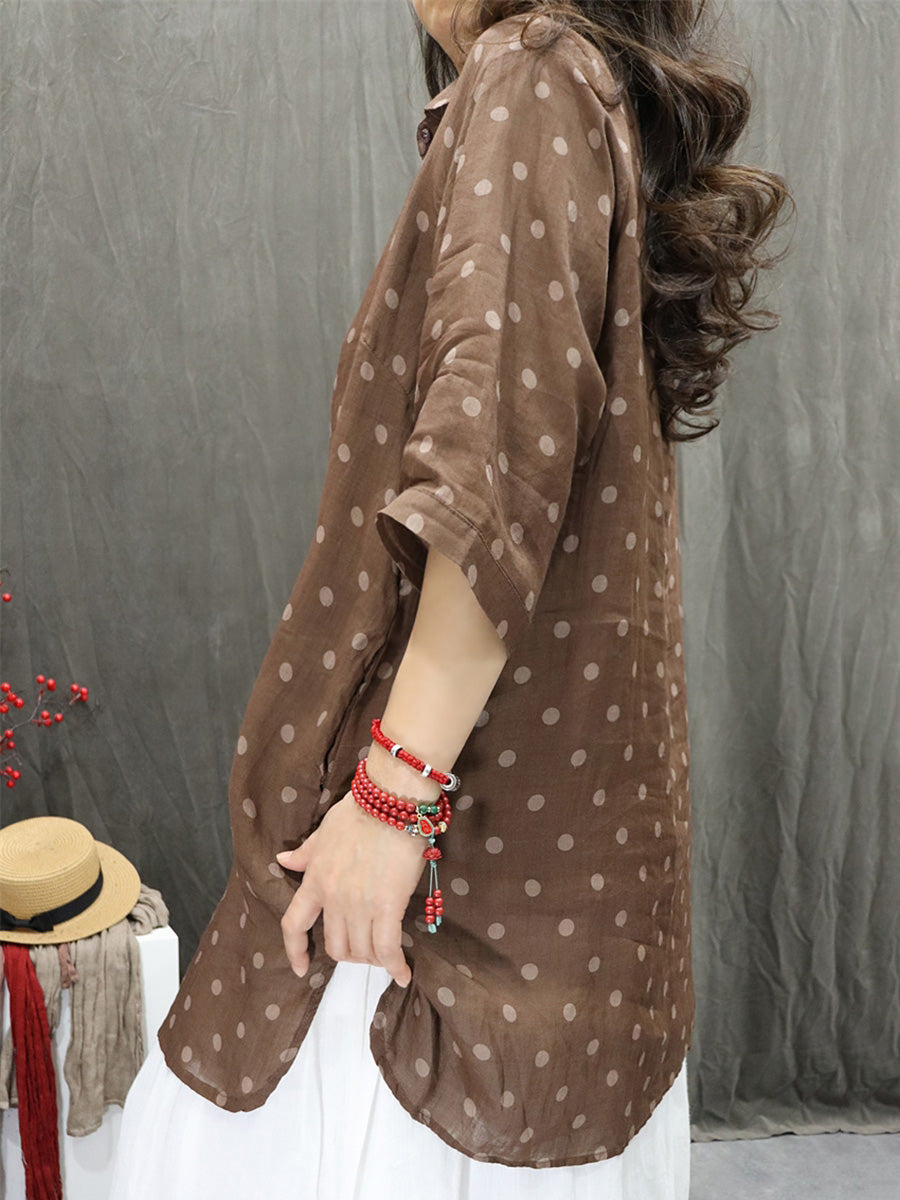 Women Summer Artsy Turn-down Collar Dot 100%Ramie Shirt
