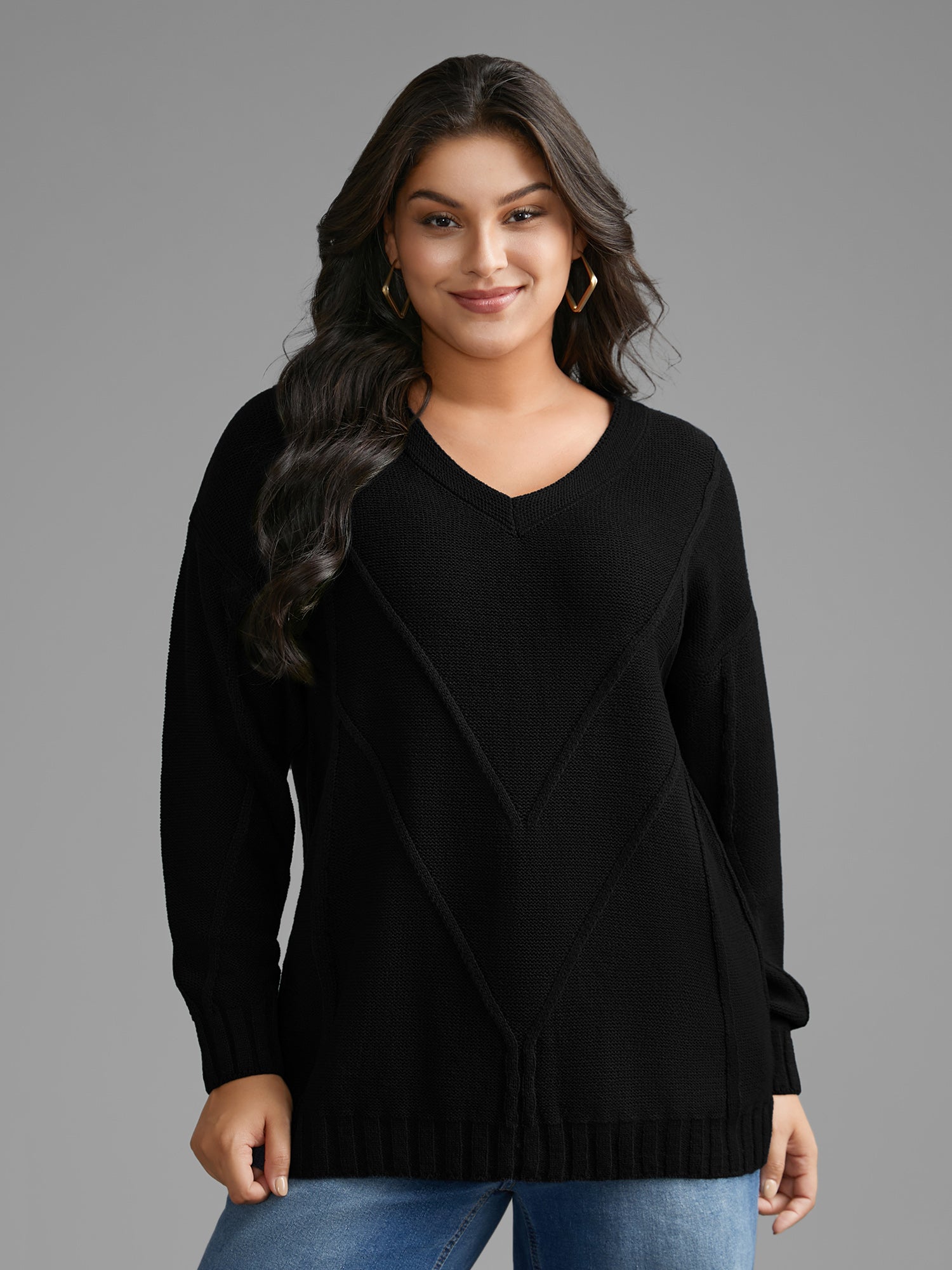 V Neck Cable Knit Texture Pullover