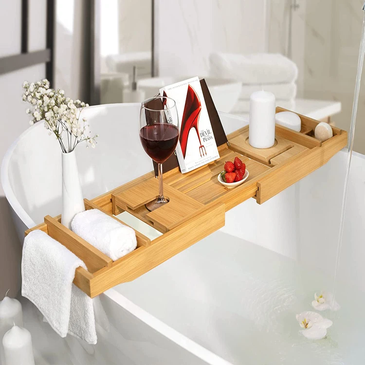 luxury Bamboo Bath Tub Tray bath trays Bathroom Wine Glass Book bamboo Bathtub Caddy Tray for bathtub