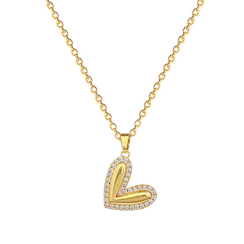 Love Heart Polished Peach Heart Gorgeous Full Diamond Necklace Women'S All-Match Clavicle Chain Titanium Steel Chain
