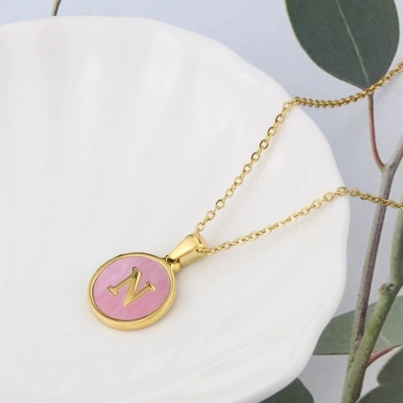 Minimalist Letter Titanium Steel Plating Inlay Shell Pendant Necklace