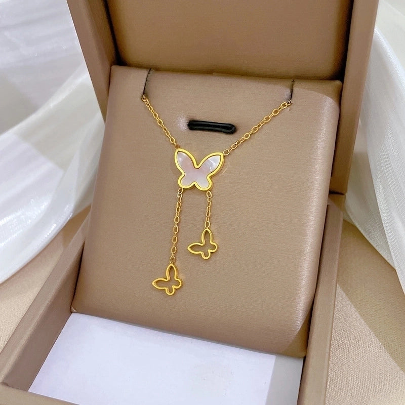 Minimalist Circle Letter Butterfly Titanium Steel Plating Inlay Rhinestones Necklace