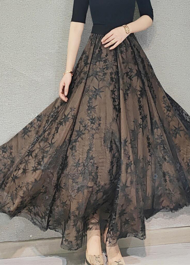 Beautiful Chocolate Embroidered Floral High Waist Flatering Tulle Maxi Skirt Spring