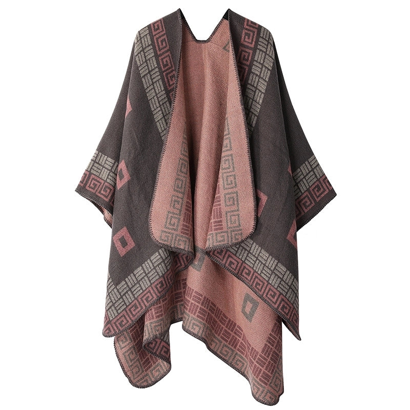 Winter Cashmere Double-sided Plaid Shawl Women's Outer Cape Increased Thickness Warm Knitted Scarf Spot