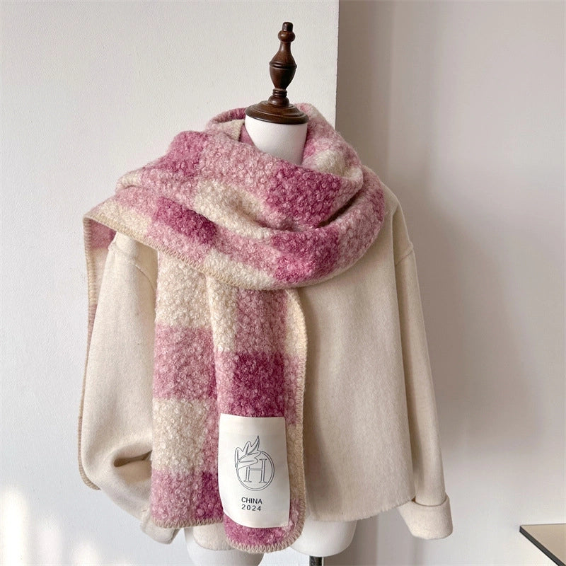 Atmosphere Color-Contrast Check Circle Hair Scarf Women's Winter Warm All-Matching Affordable Luxury Fashion Temperament Shawl