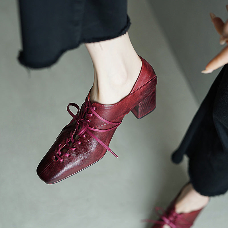 70mm Block Heel Washed Horsehide Leather Ballet-Inspired Lace-Up Pumps in Red/Black