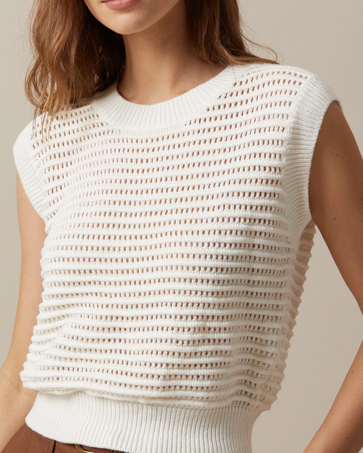 The Beige Sleeveless Pointelle Ribbed Knit Vest