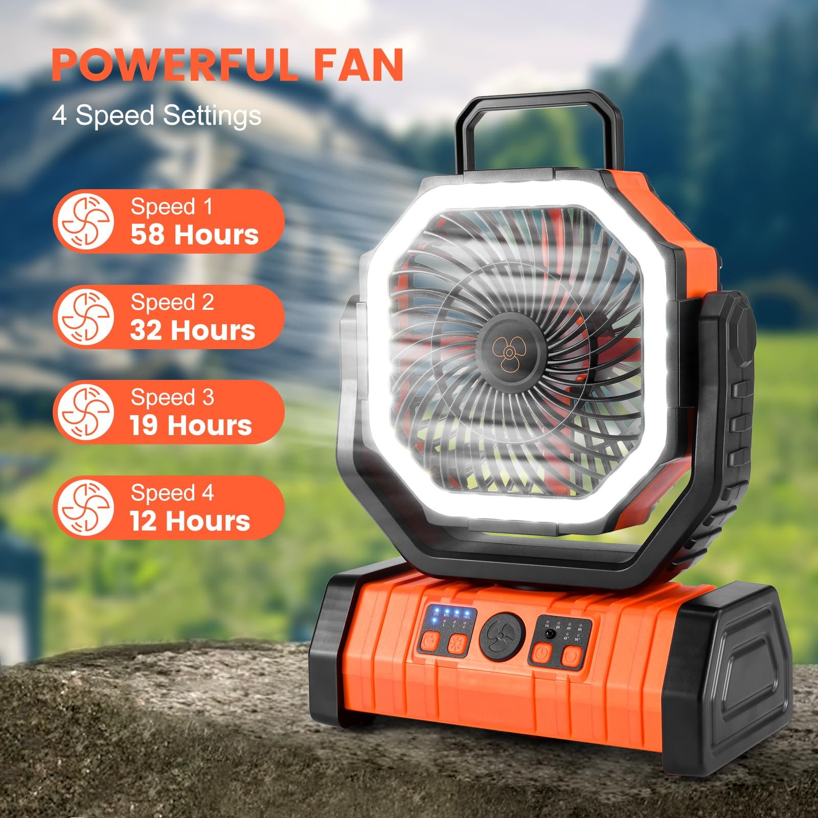 10000mAh Rechargeable Portable Camping Fan with LED Light