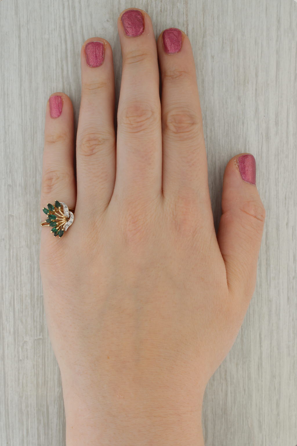 0.70ctw Diamond Emerald Spray Cluster Ring 10k Yellow Gold Size 7
